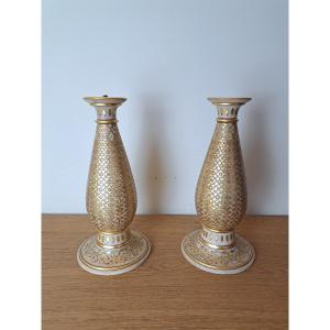 Pair Of Lamps, Mughal, India, Golden Alabaster, 20th Century.  