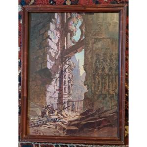 Antoine Barbier, Portal Of Reims Cathedral, Watercolor, 20th Century.