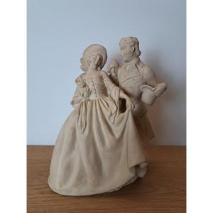 Armand Godard, Couple Of Lovers, Terracotta Group, 20th Century. 