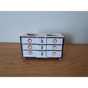 Inkwell Forming A Chest Of Drawers, Earthenware, Signed, 18th Century.