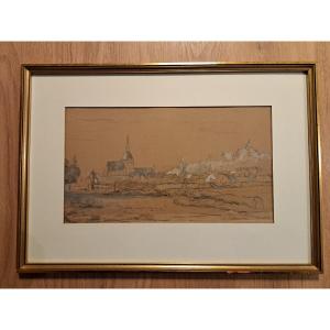 Village View, 19th Century Drawing. 