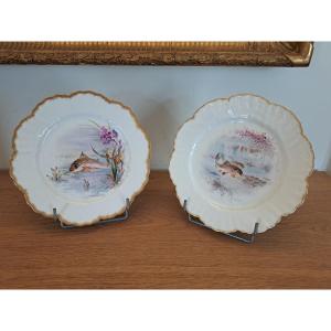 William Guérin, Pair Of Plates, Fish, Limoges, Early 20th Century. 