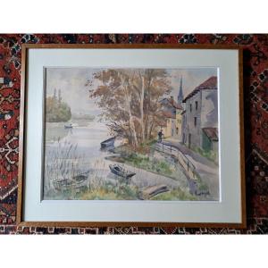 Jean Hourrège, Village By The River, Watercolor, 20th Century.