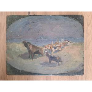 Gabriel Sue, Hunt, Study, Oil On Panel, Early 20th Century. 