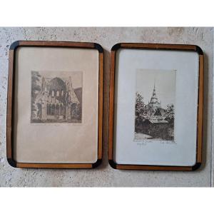 Heisterbach Abbey / Rostock Church Of Saint Jacob, Pair Of Engravings, Germany, 20th Century. 