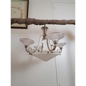 P.maynadier Chandelier, Art Deco, Glass And Silvered Metal, 20th Century. 