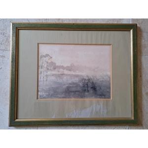 Paul Leuquet , Marsh Landscape , Watercolor , 20th C.