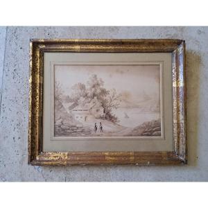 Swiss Lake , Ink Wash , 19th Century.