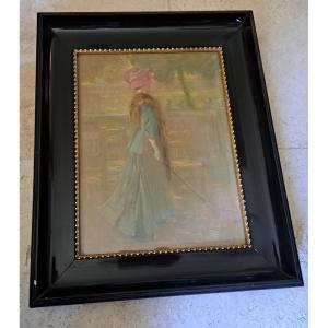 Georges Claude Michelet , Elegant In The Park , Pastel , Late 19th/early 20th Century.