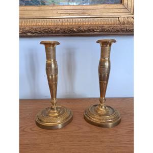 Pair Of Candlesticks , Gilt Bronze , Empire Period , Early XIX°.
