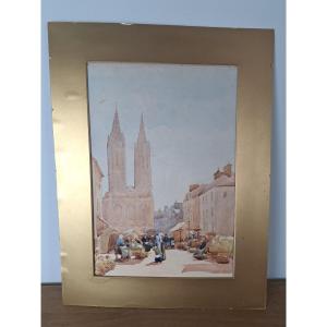 Cathedral Of Saint Lo , Watercolor , Signed , XIX°.