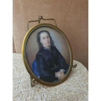 Portrait Of Woman, Miniature On Paper, XIX °.