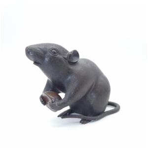 Bronze Animal Sculpture Depicting A Rat Signing And Eating A Chestnut
