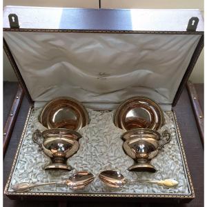 Set Of Two Cups, Saucers And Spoons, Solid Silver 