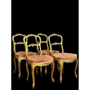 4 Napoleon III Golden Wood Chairs Louis XV Style