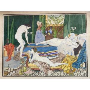 Aquarelles Scènes De Harem Vers 1900