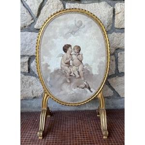 Louis XVI Style Gilded Wood Fire Screen Decorated With A Painting In The Style Of Roganeau