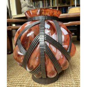 Large Daum Majorelle Vase In Orange Glass And Wrought Iron 