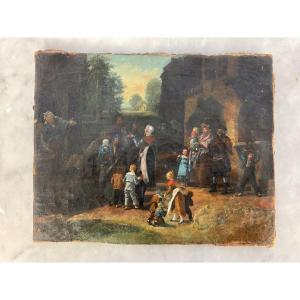 Oil On Canvas Scene Of Life With Itinerant Musicians Eighteenth Century