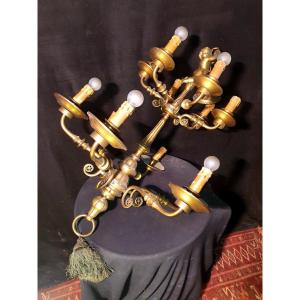 Child Chandelier. Twelve Antique Bronze Lights, Holland.