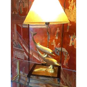 Hollywood Regency Dolphin Bronze Lamp, Jansen Style.