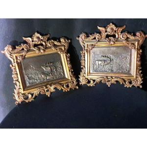 Pair Of Bronze Paintings Subject Hunting, Deer.