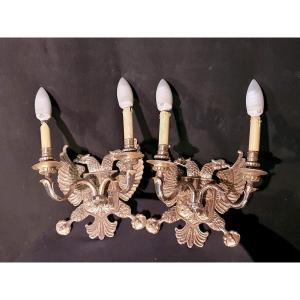 Pair Bronze Wall Lamps With Eagles.