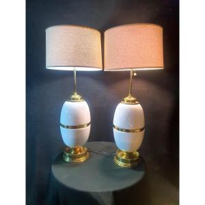Pair Of Vintage Neo Classic Lamps, White And Gold.