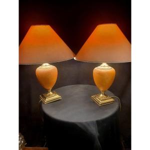 Pair Of Le Dauphin Leather Egg Lamps.