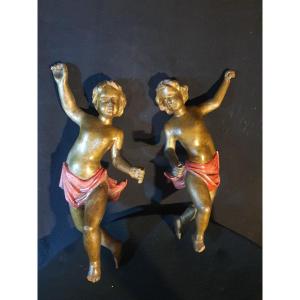 Paire Anges Bois Doré  Italie XVIII  Siècle. 