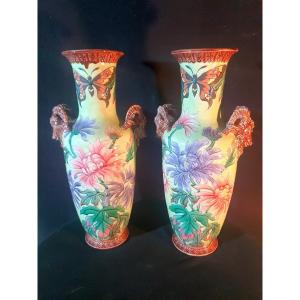 Pair Of Art Nouveau Vases, Longchamp. Butterflies Decor.