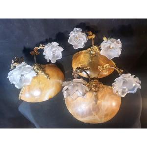 Series Of Three Art Deco Alabaster And Bronze Sconces.