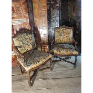 Pair Of Regency Armchairs Tapestry Fabric XVIII Century.