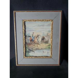 Equestrian Scene, Horses At La Marre 19th Century.