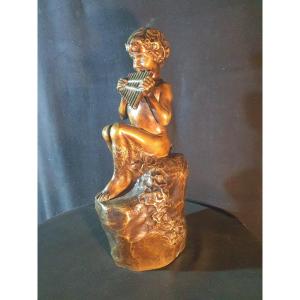 Bronze Sculpture Child Fauna Musician Jean Camus.