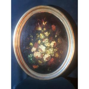 Oval Painting Bouquet Dutch School XIX Century. 