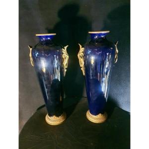 Pair Of Large Blue Porcelain Vases From Sèvres Tours.