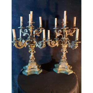 Pair Of Children's Candelabras Gilt Bronze, Marble, 9 Lights.