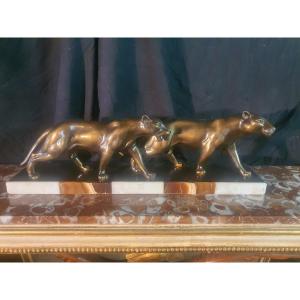 Sculpture Pair Of Art Deco Panthers Charles Ruchot.