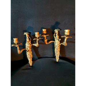 Pair Of Wall Lights With Caryatids, Coupled Figures. 19th Century.