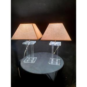 Pair Of Vintage Plexiglass David Lange Lamps. 