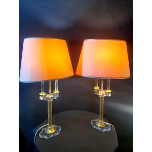 Pair Of Lucite And Bronze Hollywood Regency Lamps. 