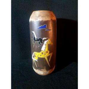 Vintage Ceramic Vase 50s 60s Horses Italy Or Vallauris.