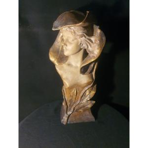 Art Nouveau Bust Of A Flower Woman Simon Montenave, Goldscheider.