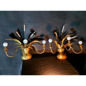 Pair Of Vintage Wall Lights, Reeds, Maison Charles Bagues Spirit.