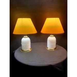 Pair Of White Murano Glass And Brass Lamps.