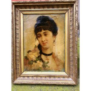 Painting Portrait Of A Young Woman, 19th Century.