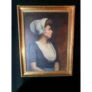 Painting Portrait Of A Young Breton Woman, 19th Century. 