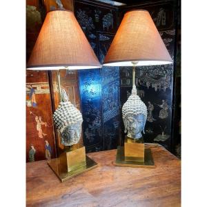 Pair Of Bronze Buddha Lamps From Maison Jansen.