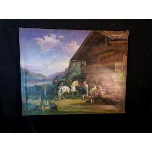Painting, Hunting Scene, Mountain, Dutch Or Austrian-swiss School. 